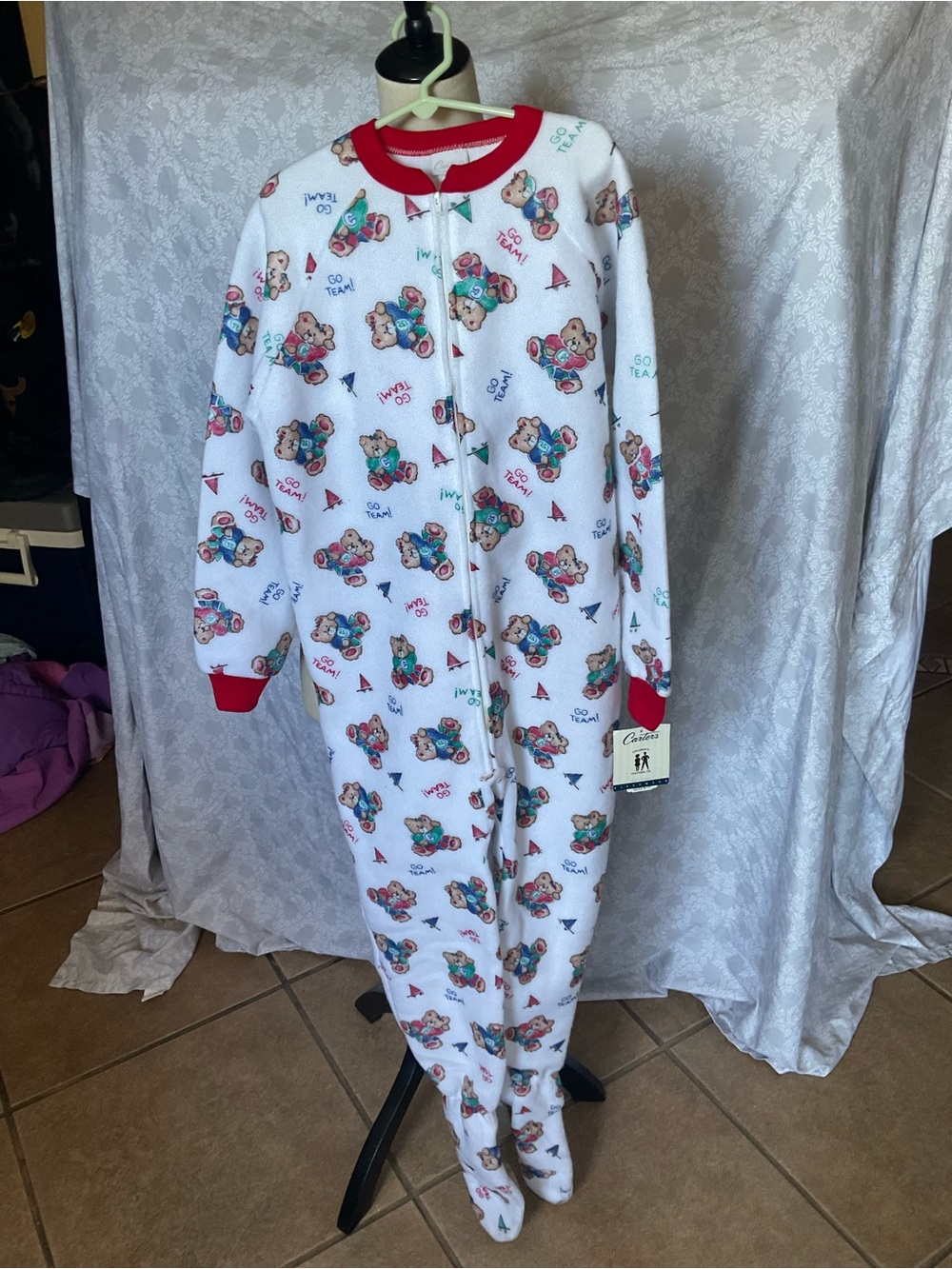 Vintage Carter's White Footed One-Piece with Red Trim and Multicolor Bear Print